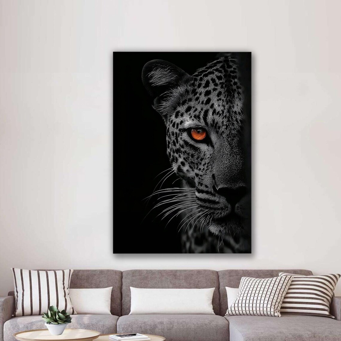 Leopard Close-Up With Amber Eye Black and White Wildlife Art Poster