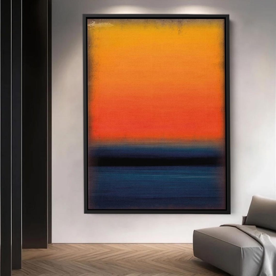 Abstract Orange Sunset Over Deep Blue Sea Inspired Painting Wall Art