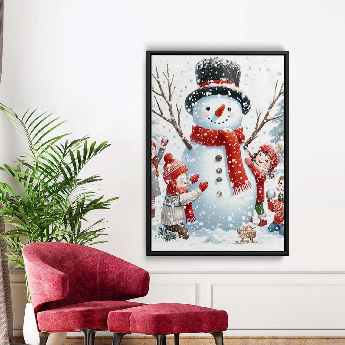Snowman With Happy Children Snow Play Cheerful Winter Scene Wall Art