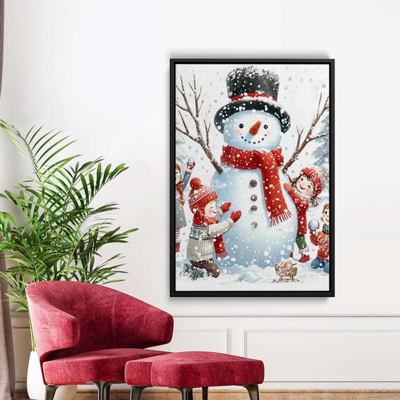 Snowman And Children Winter Fun Illustration Christmas Holiday Joy Canvas Wall Art