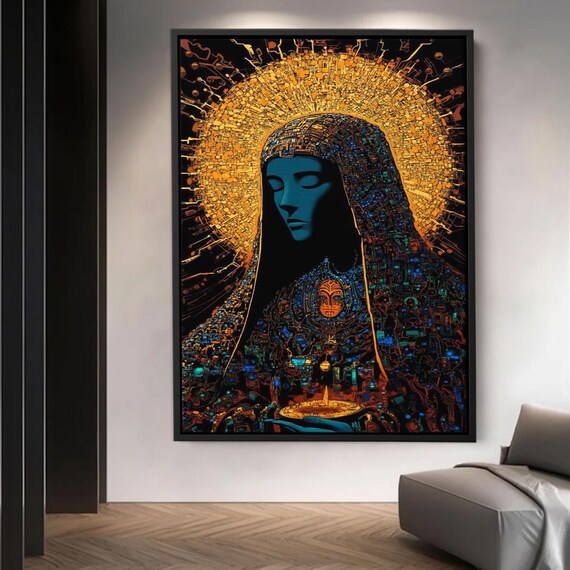 Mystical Blue Figure Golden Halo Mosaic Spiritual Energy Art Poster