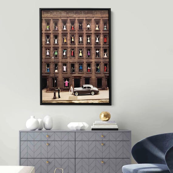 Colorful Fashion Window Scene Canvas Print Retro Women In City Building Vintage Photography Wall Art Urban Glamour Home Decor
