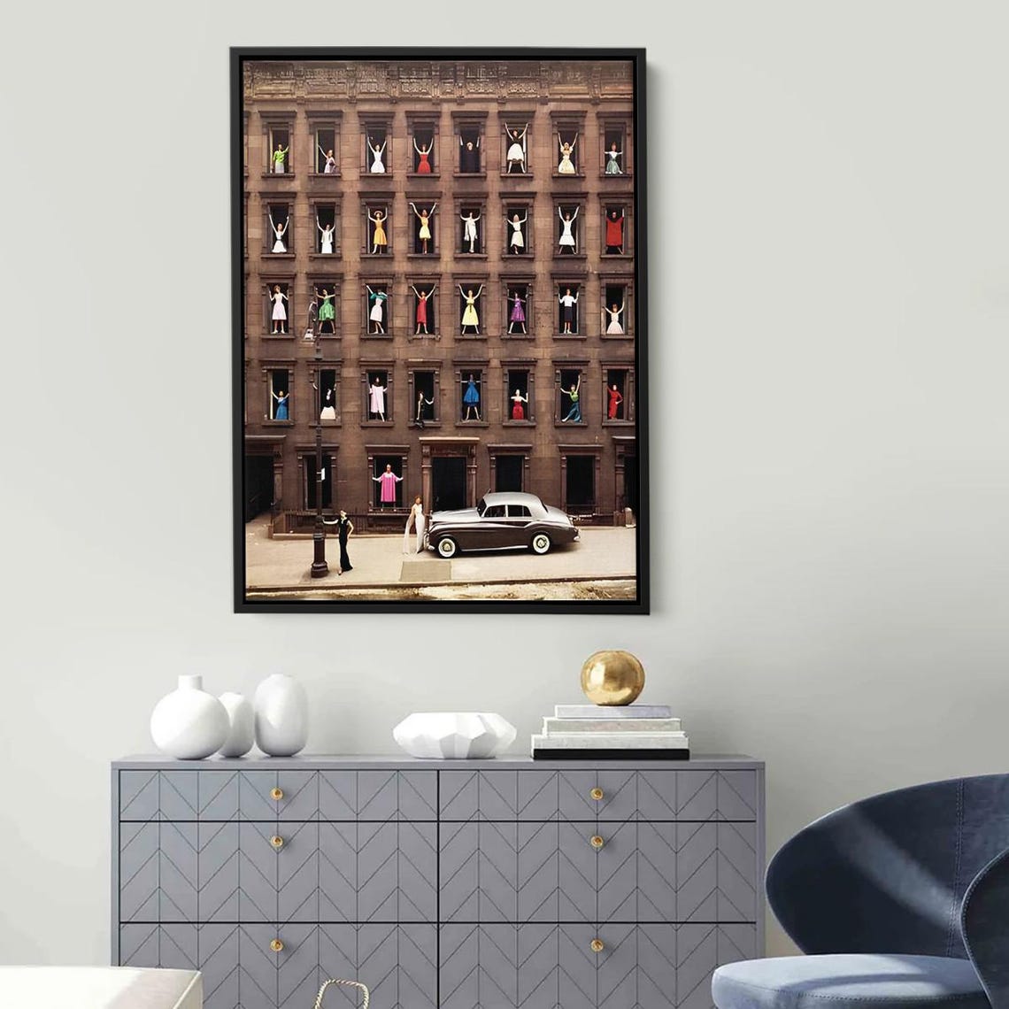 Vintage Women in Windows Brownstone Scene with Classic Car Poster