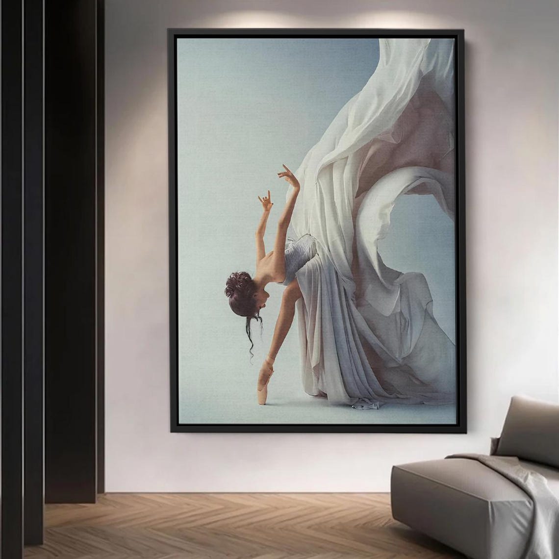 Graceful Ballet Dancer Backbend In Flowing White Fabric Wall Art
