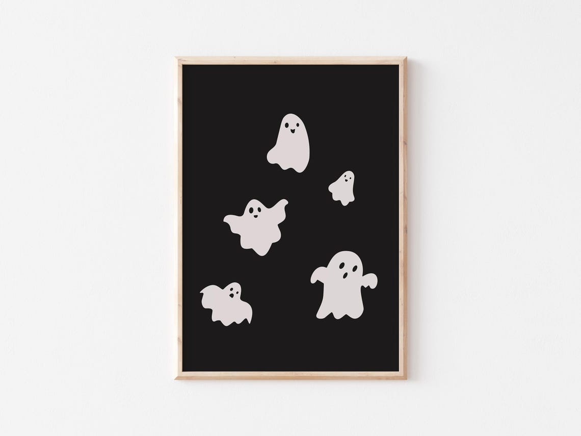 Five Cute White Ghosts Floating On Black Minimalist Halloween Poster - Image 3