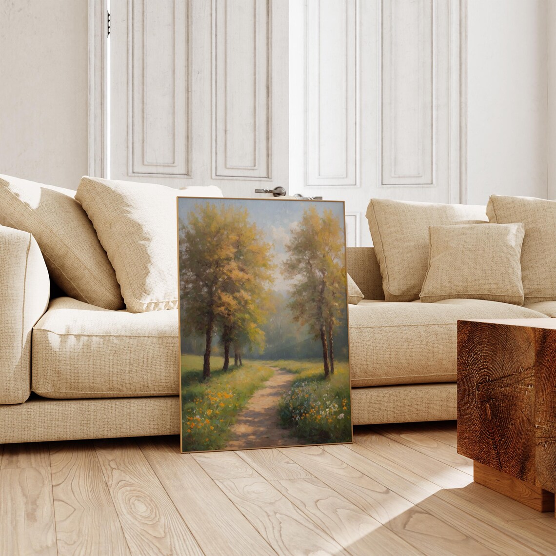 Golden Autumn Woodland Path With Wildflowers Nature Art Poster - Image 4