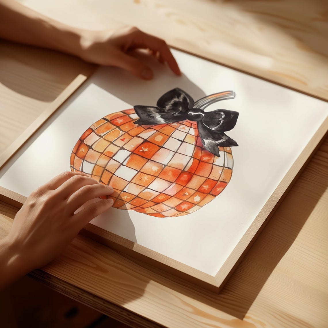Disco Ball Checkered Pumpkin with Black Bow Halloween Art Poster - Image 5