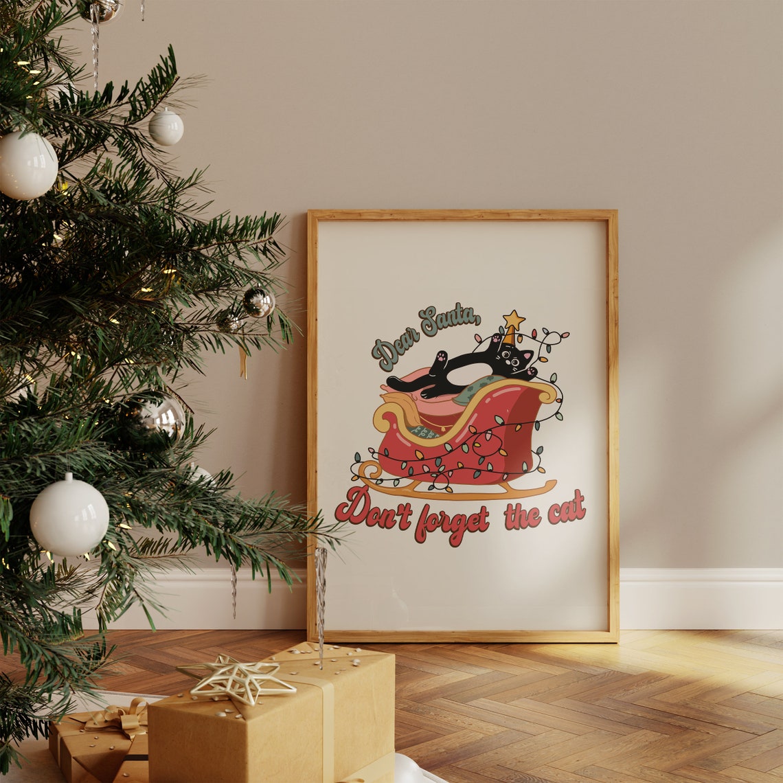 Dear Santa Don't Forget the Cat Sleigh Christmas Lights Poster - Image 4
