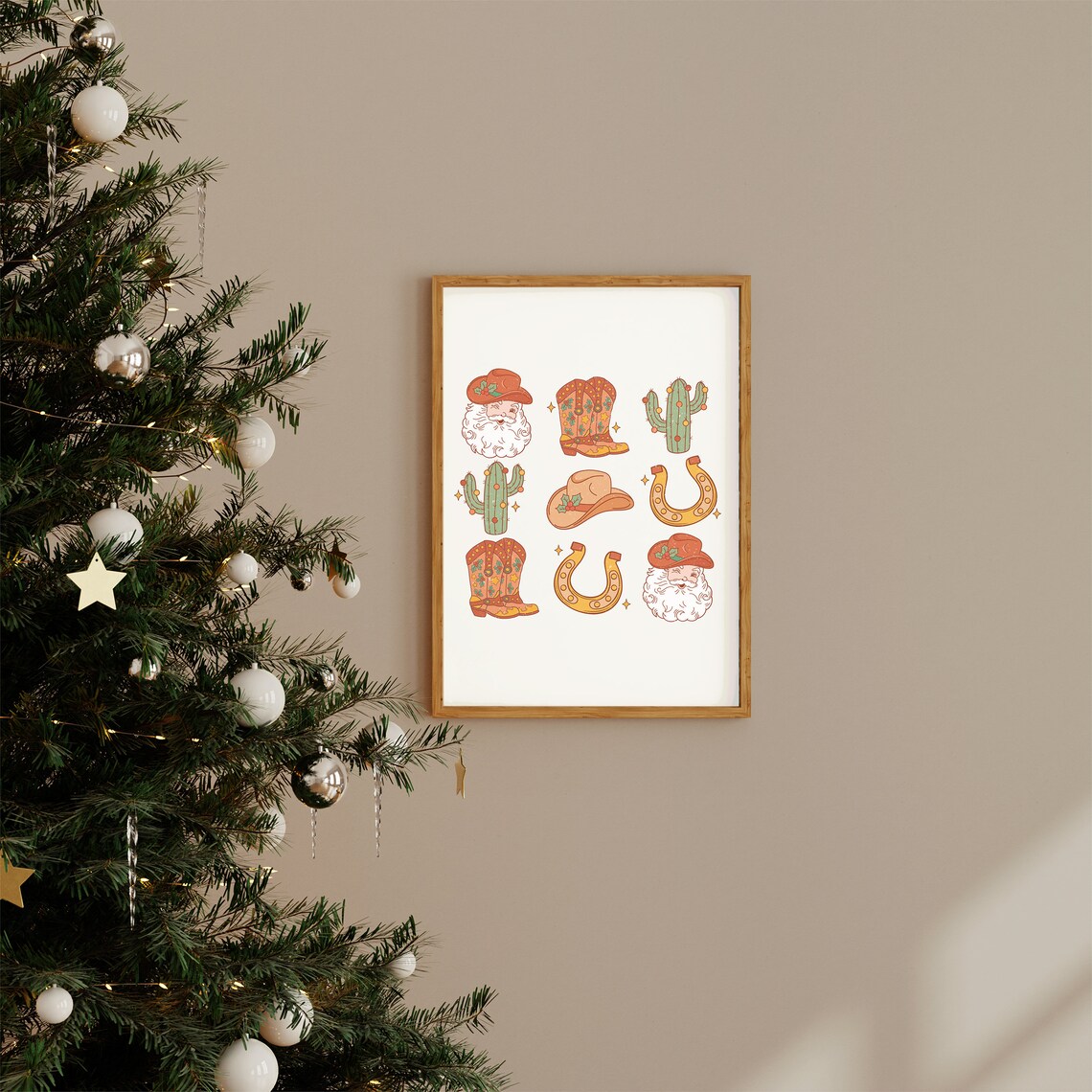 Cowboy Christmas Icons Santa Boots Cactus Horseshoe Western Print - Image 2