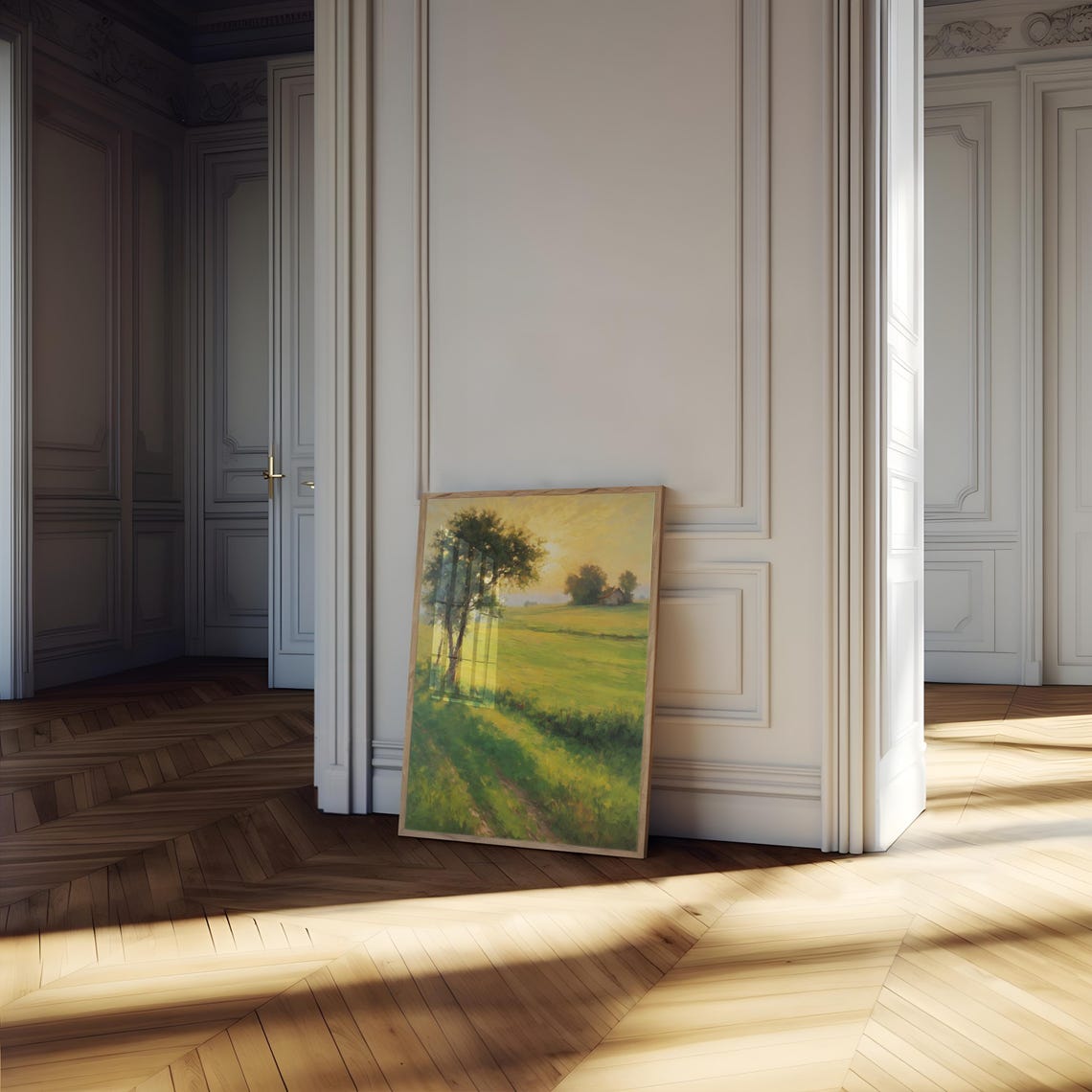 Golden Sunset Countryside Meadow Vintage Oil Painting Landscape Poster - Image 2