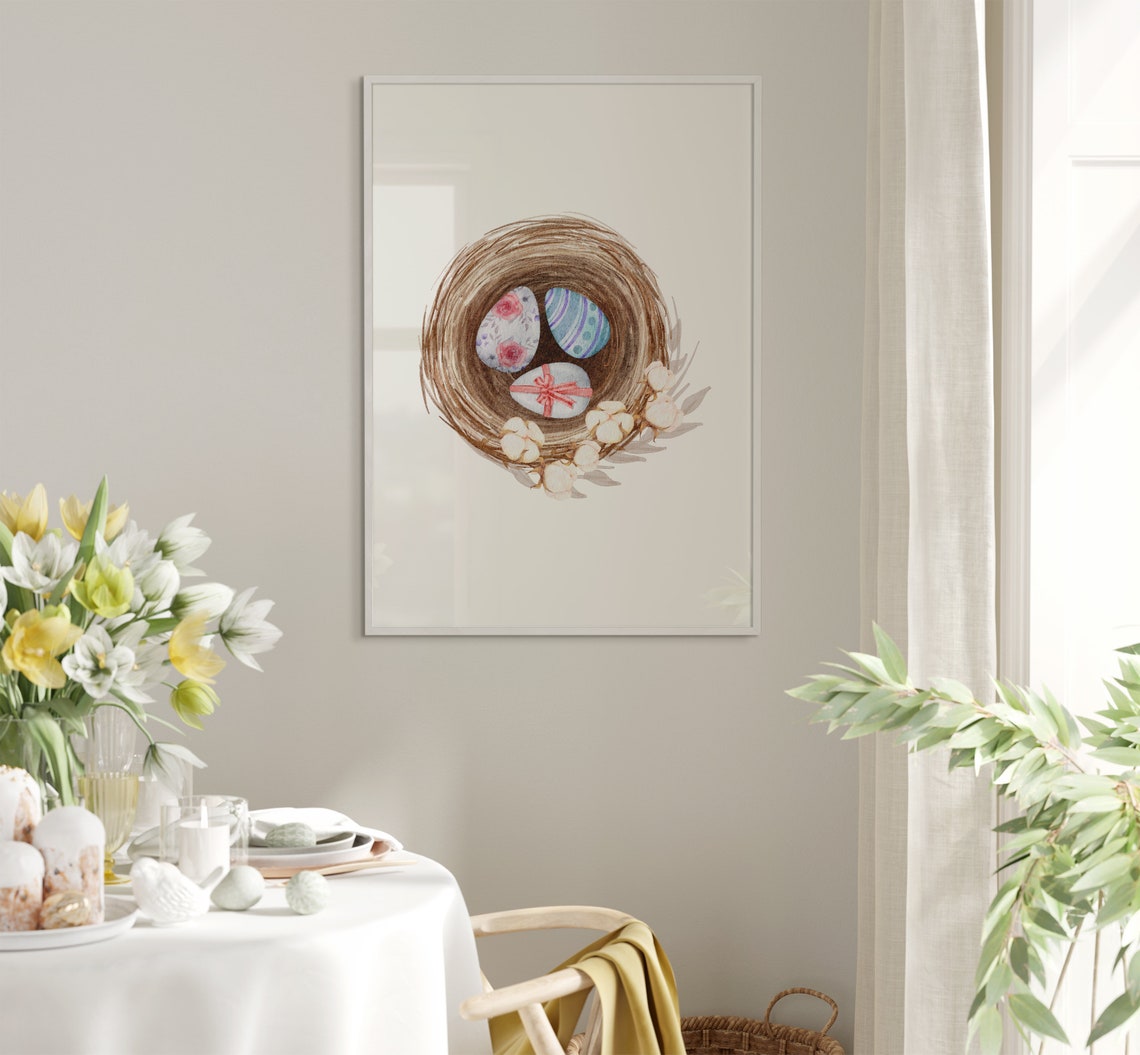 Easter Eggs In Rustic Twine Nest With White Cotton Blossoms Poster - Image 5