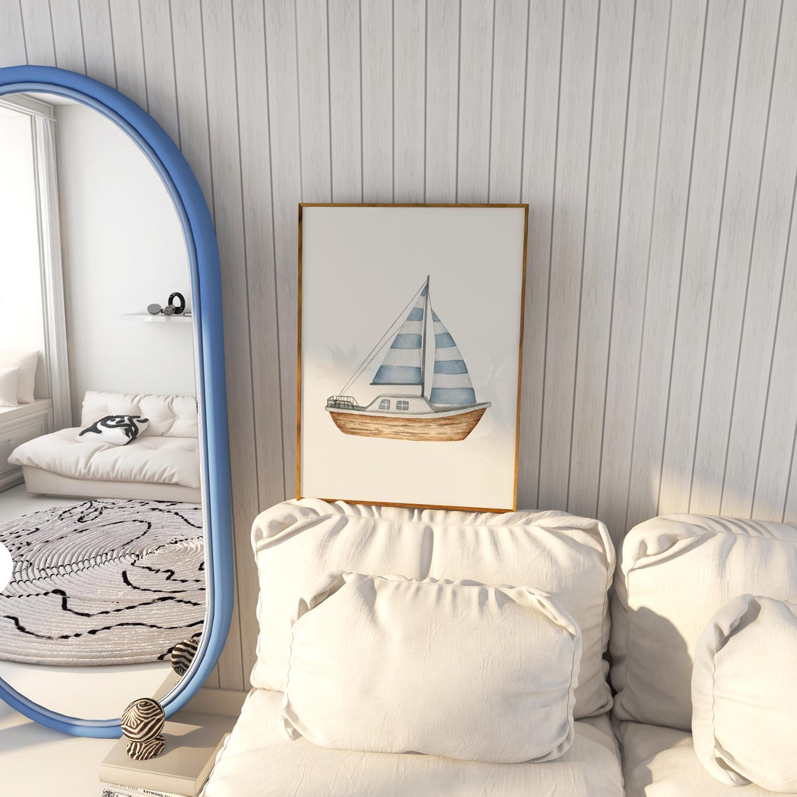 Wooden Sailboat Blue White Striped Sails Gentle Watercolor Sea Poster - Image 5