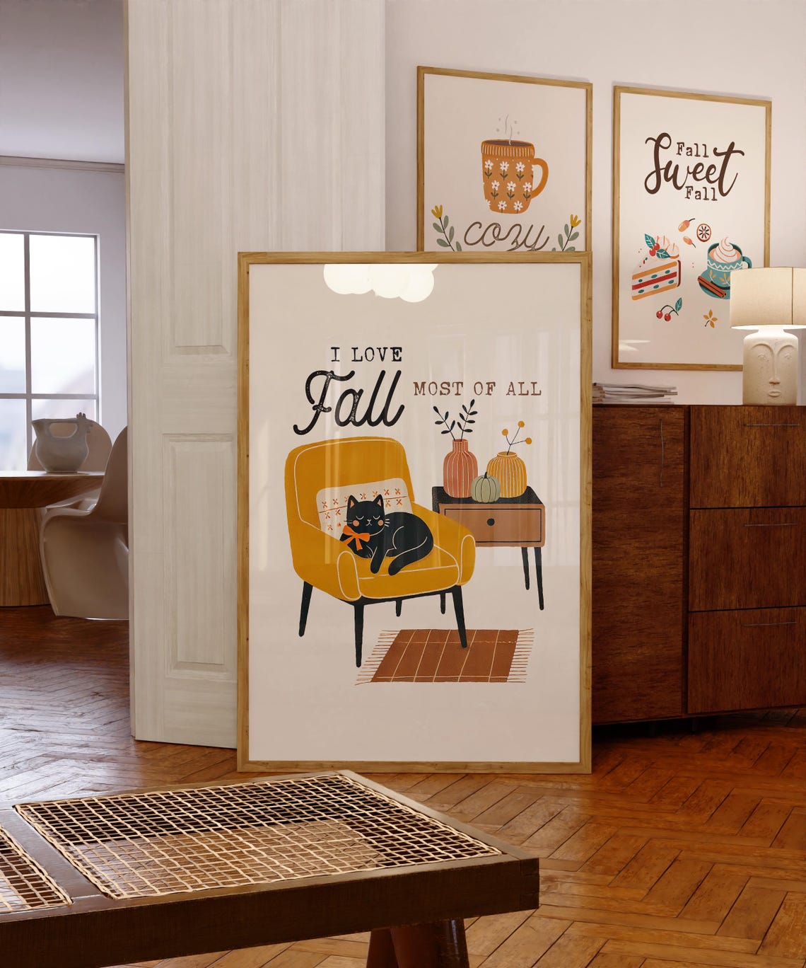 I Love Fall Most of All Black Cat Armchair Cozy Autumn Poster - Image 4