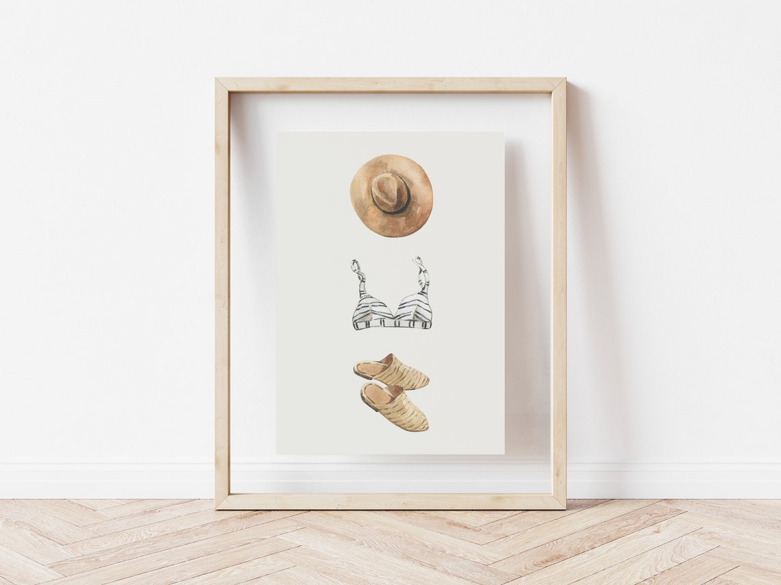 Minimalist Straw Hat Bikini Top Mules Summer Swim Watercolor Poster - Image 4