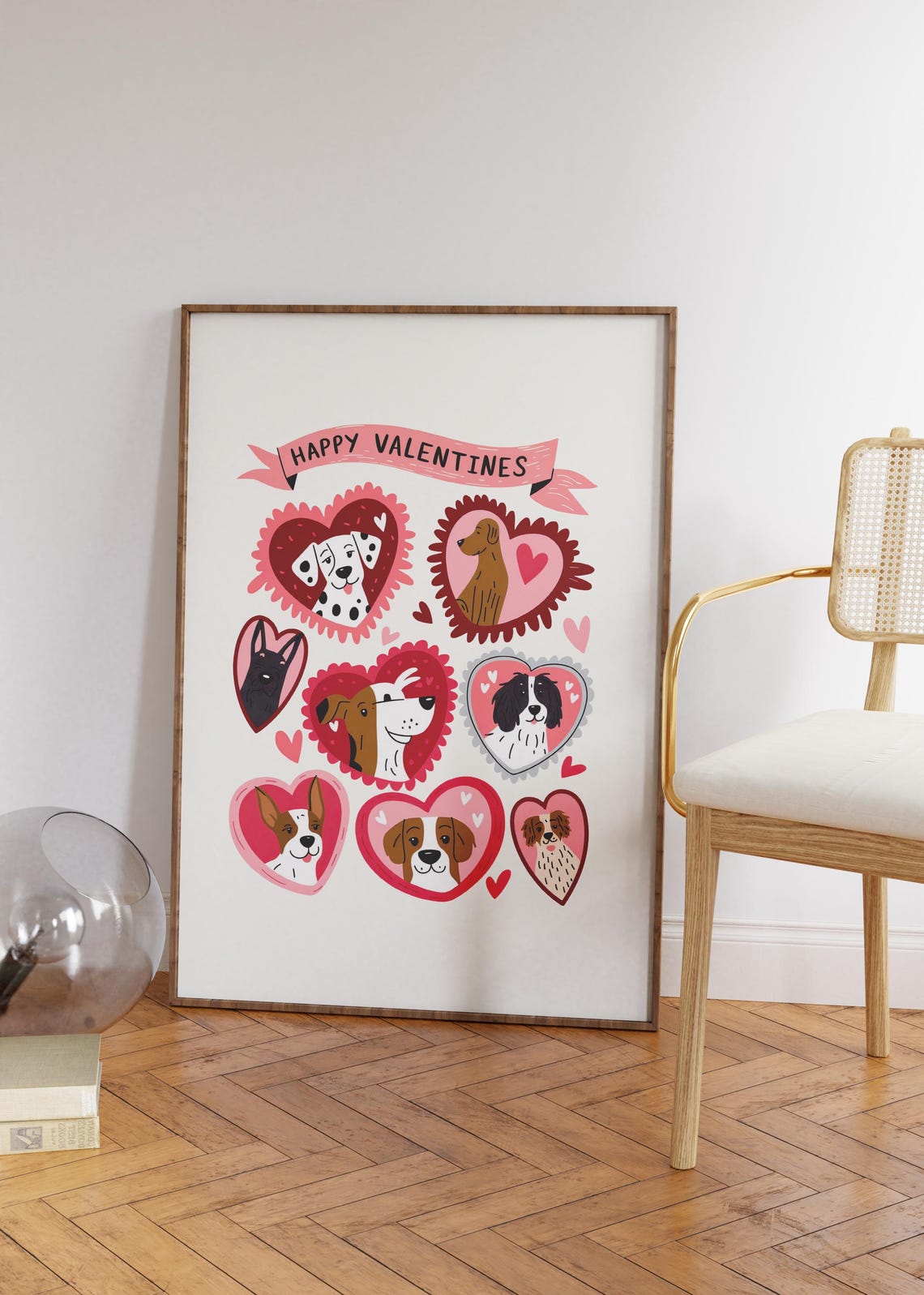 Happy Valentines Cute Dogs in Pink Hearts Illustration Poster - Image 4