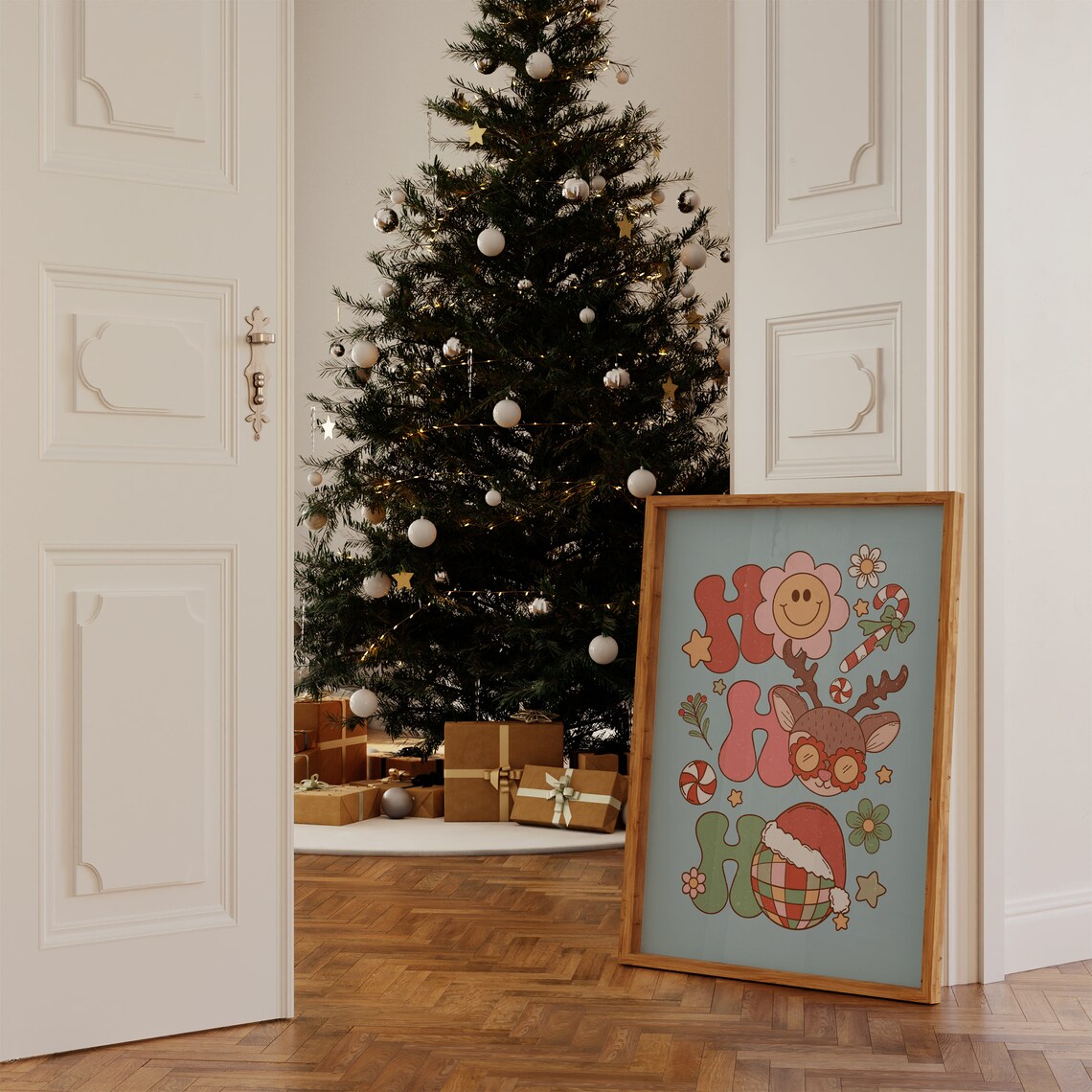 Ho Ho Ho Retro Christmas Reindeer Disco Ball Smiley Party Print - Image 3