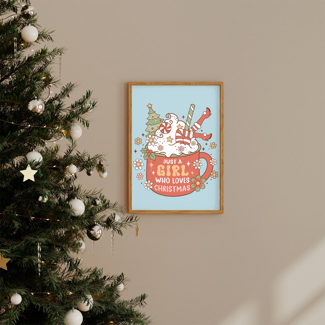 Just A Girl Who Loves Christmas Retro Cocoa Mug Groovy Quote Poster - Image 2