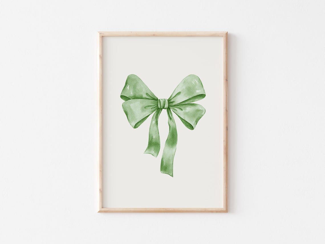 Sage Green Watercolor Bow Classic Ribbon Coquette Room Decor Print - Image 2