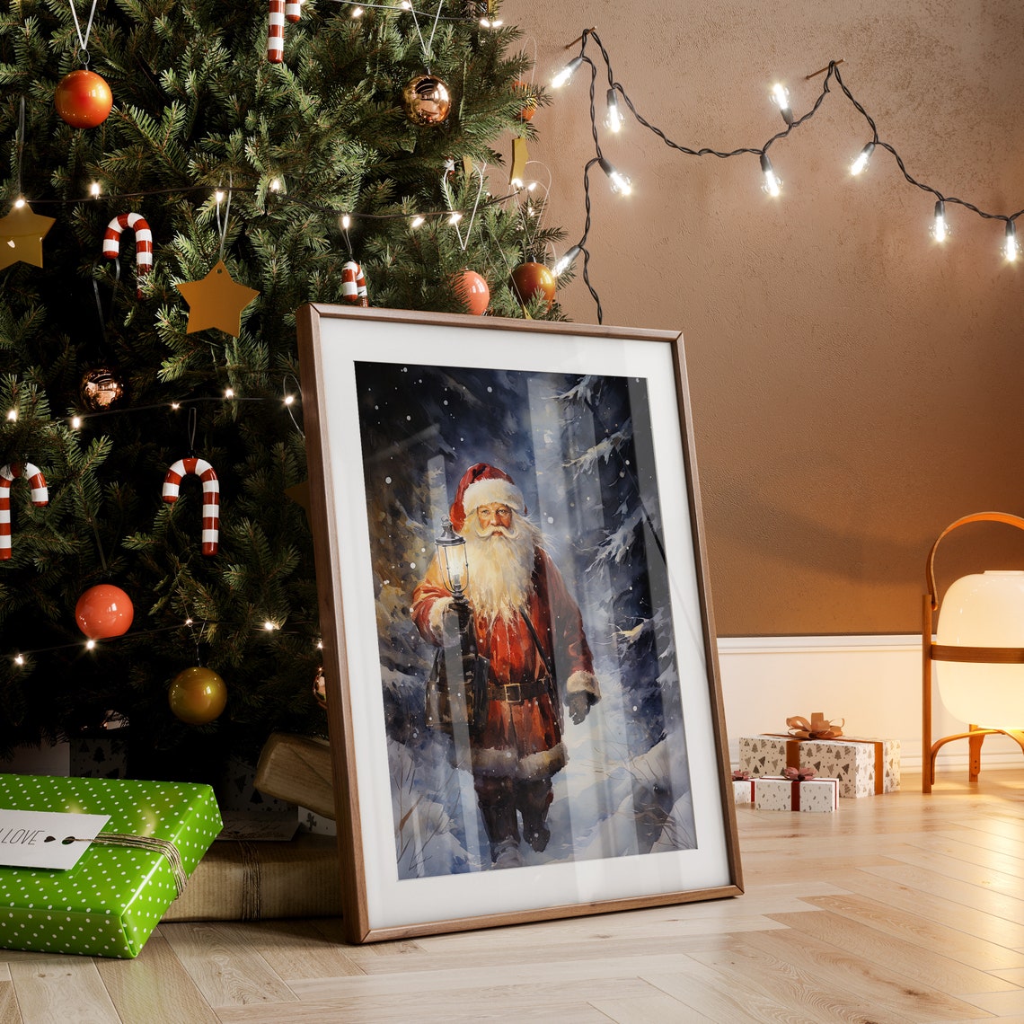 Vintage Santa Claus With Lantern in a Snowy Winter Forest Poster - Image 2