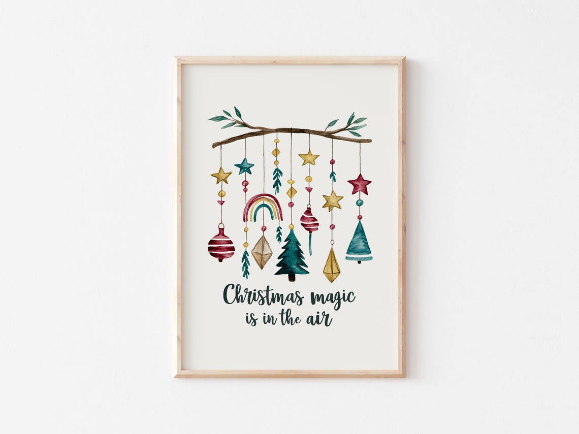 Christmas Magic Is in the Air Boho Watercolor Ornaments Poster - Image 3