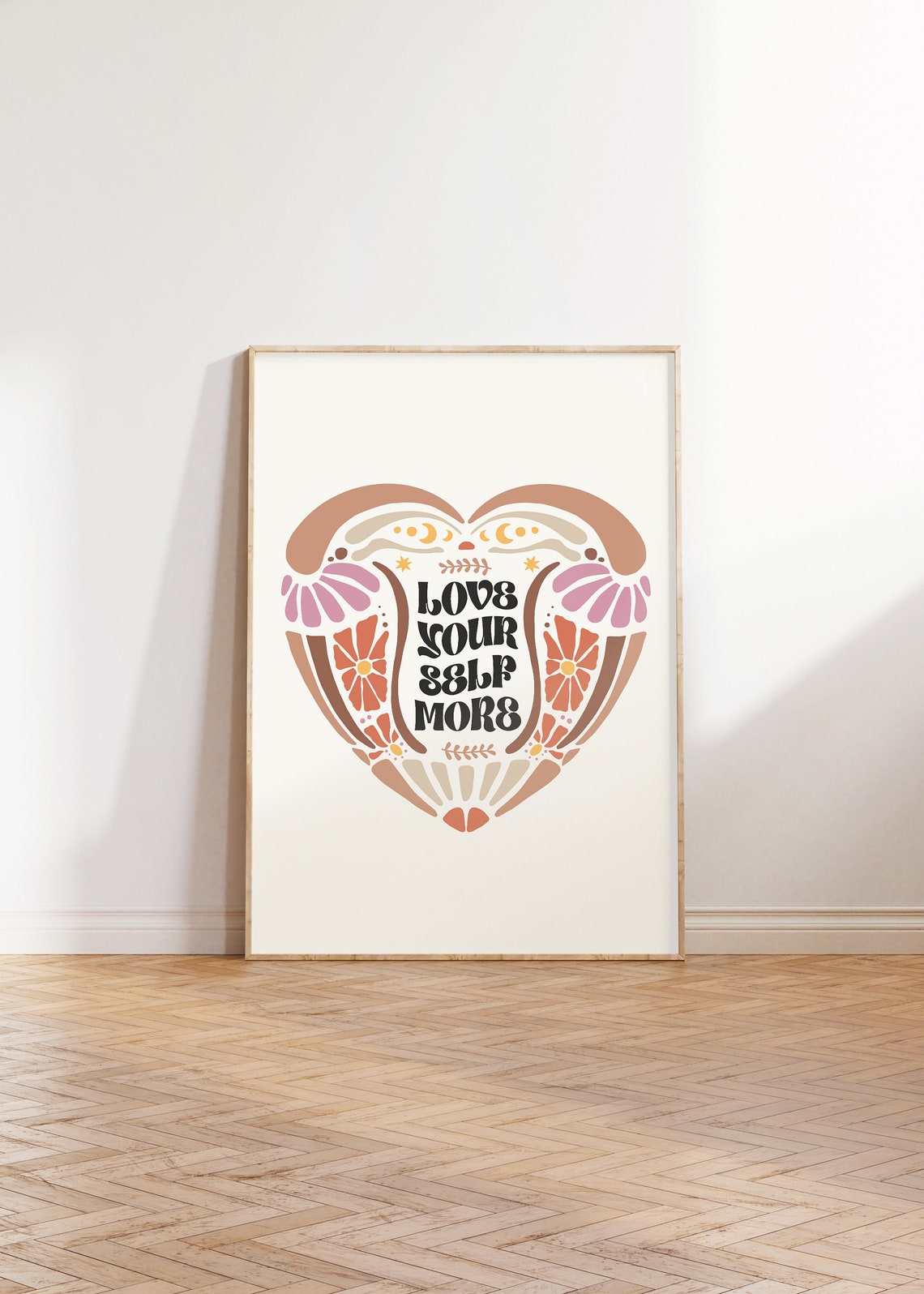 Love Yourself More Retro Floral Heart Inspirational Quote Poster - Image 2