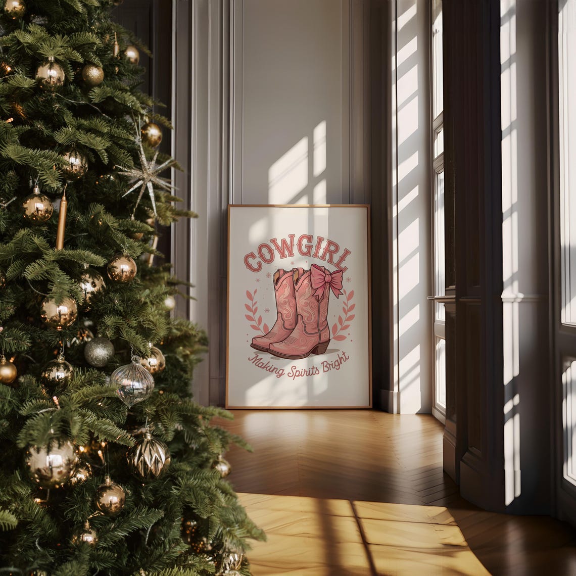 Cowgirl Making Spirits Bright Pink Boots Western Christmas Poster - Image 3
