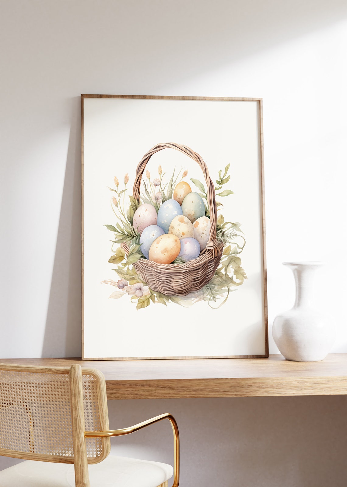 Wicker Basket Of Pastel Easter Eggs Rustic Watercolor Poster - Image 4