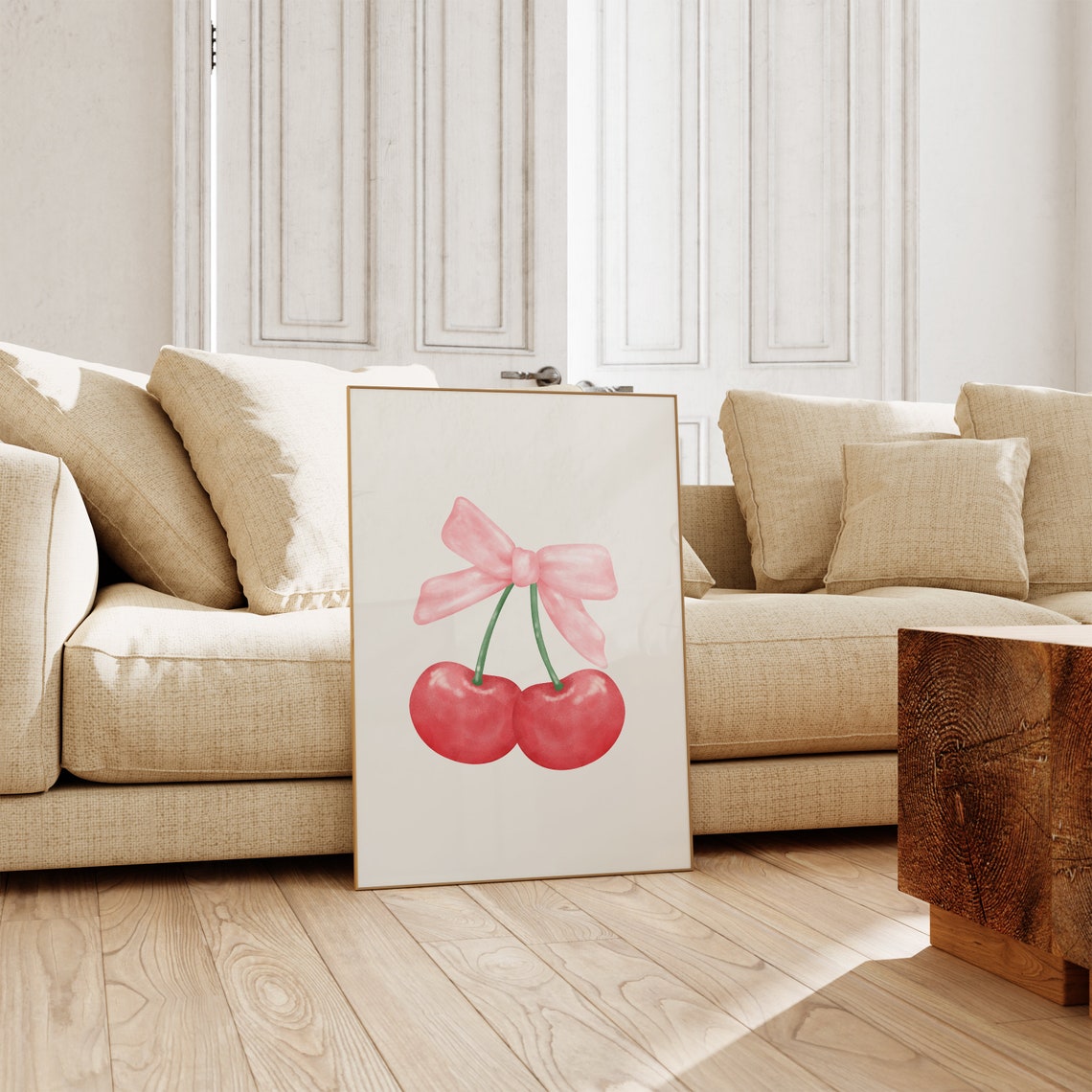 Pink Bow Watercolor Cherries Illustration Coquette Aesthetic Poster - Image 2