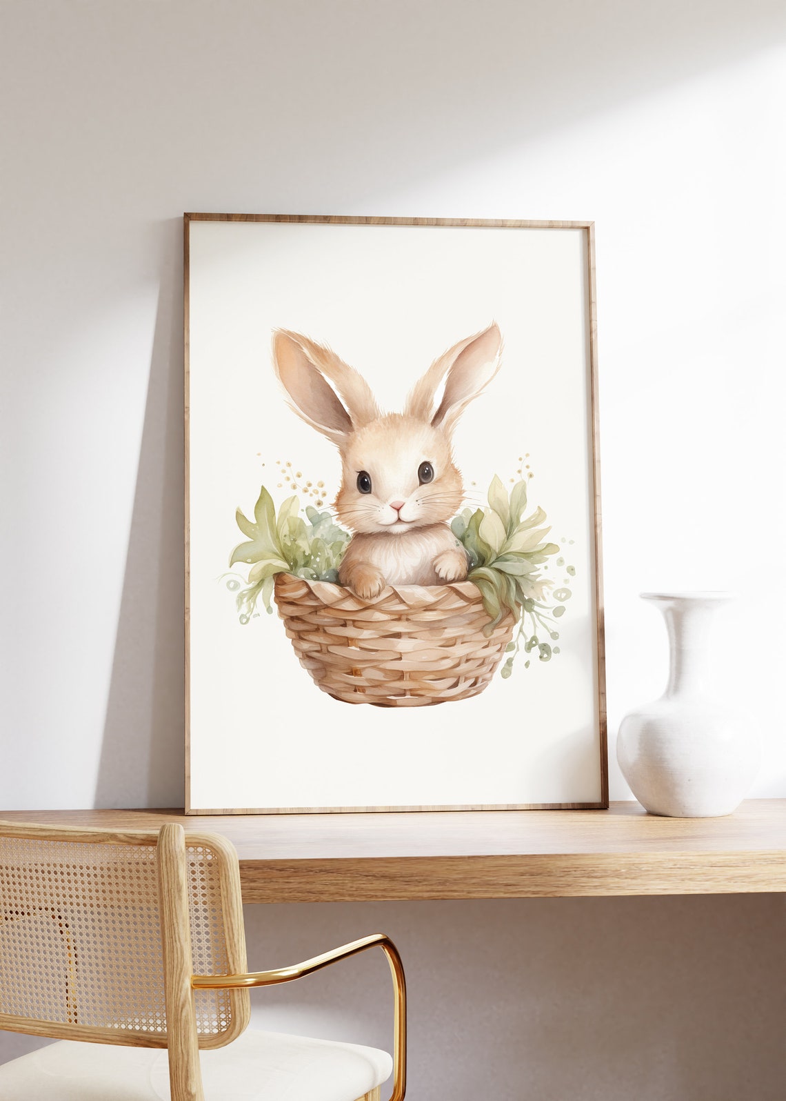 Baby Bunny Peeking From Wicker Basket With Greenery Watercolor Poster - Image 4