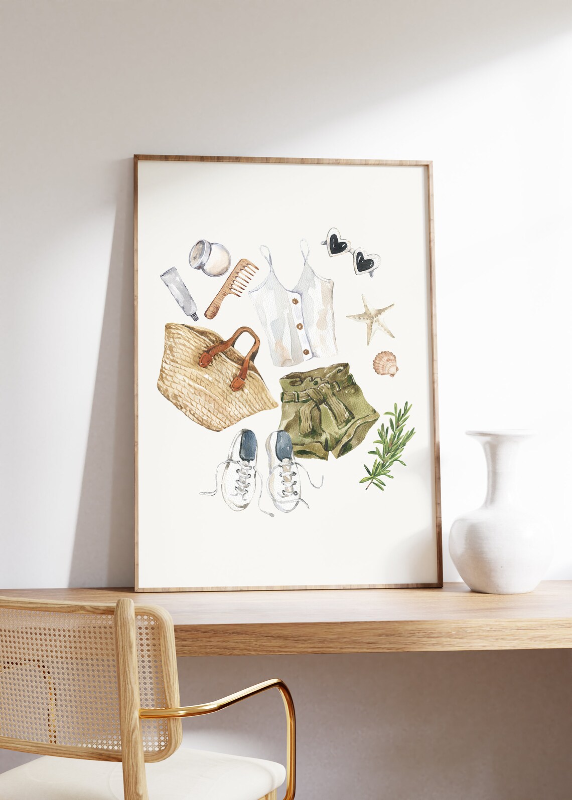 Summer Travel Outfit White Cami Olive Shorts Straw Tote Watercolor Poster - Image 5