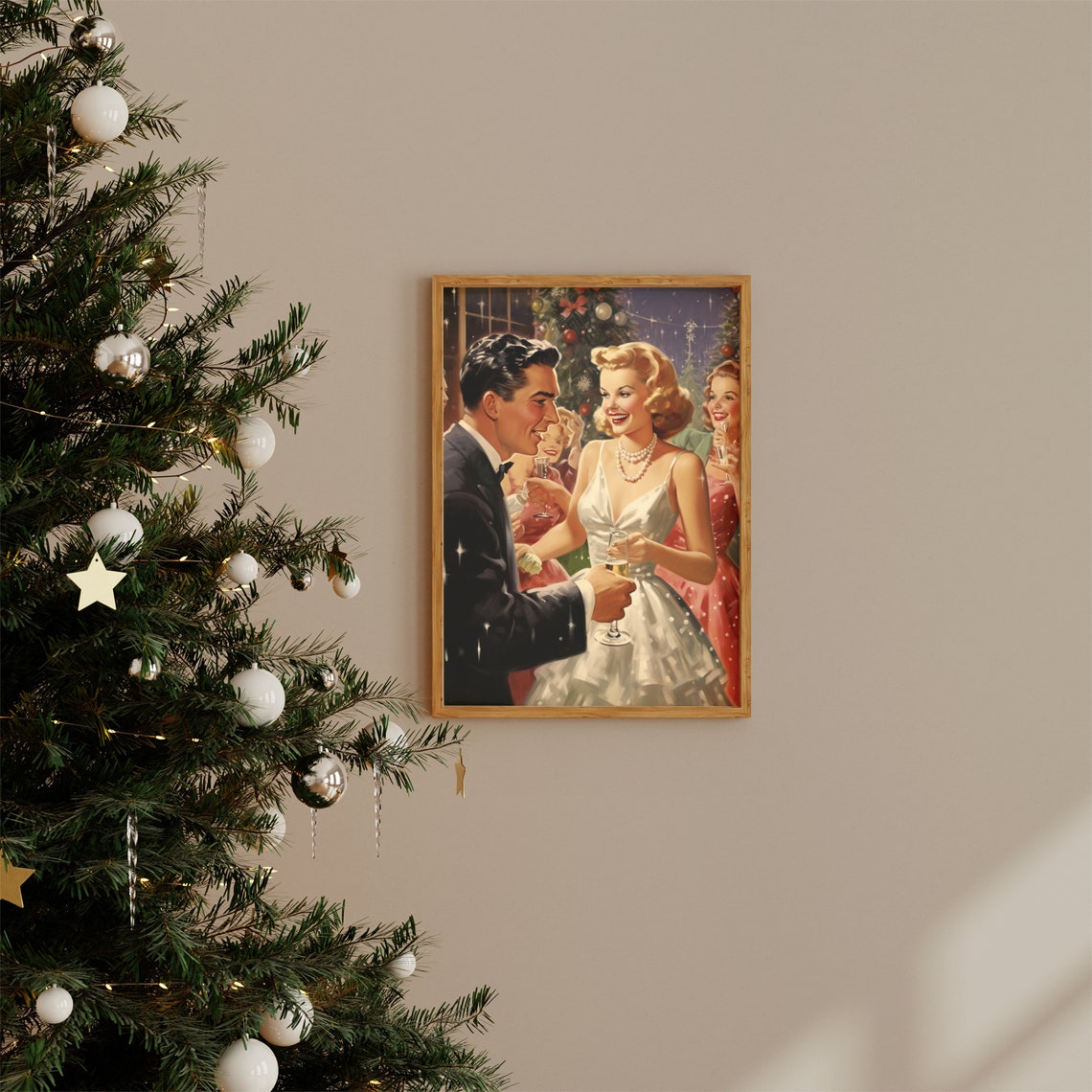 Vintage 1950s Christmas Party Couple Champagne Celebration Poster - Image 2