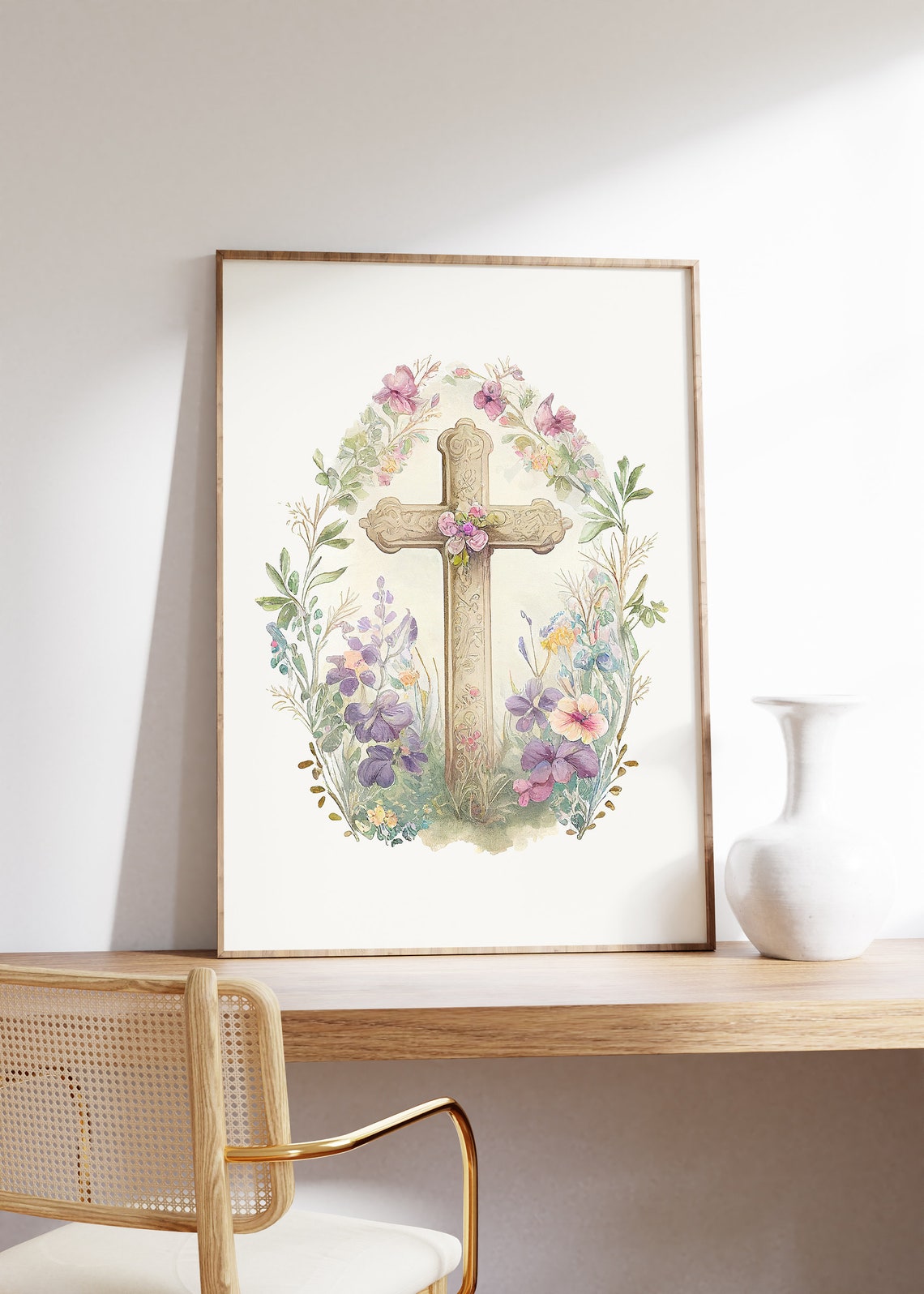 Ornate Cross With Pink Wildflower Arch Watercolor Easter Poster - Image 4