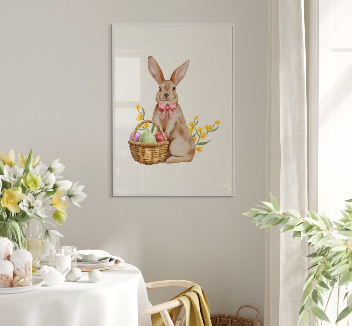 Easter Bunny with a Basket of Painted Eggs Watercolor Poster - Image 5