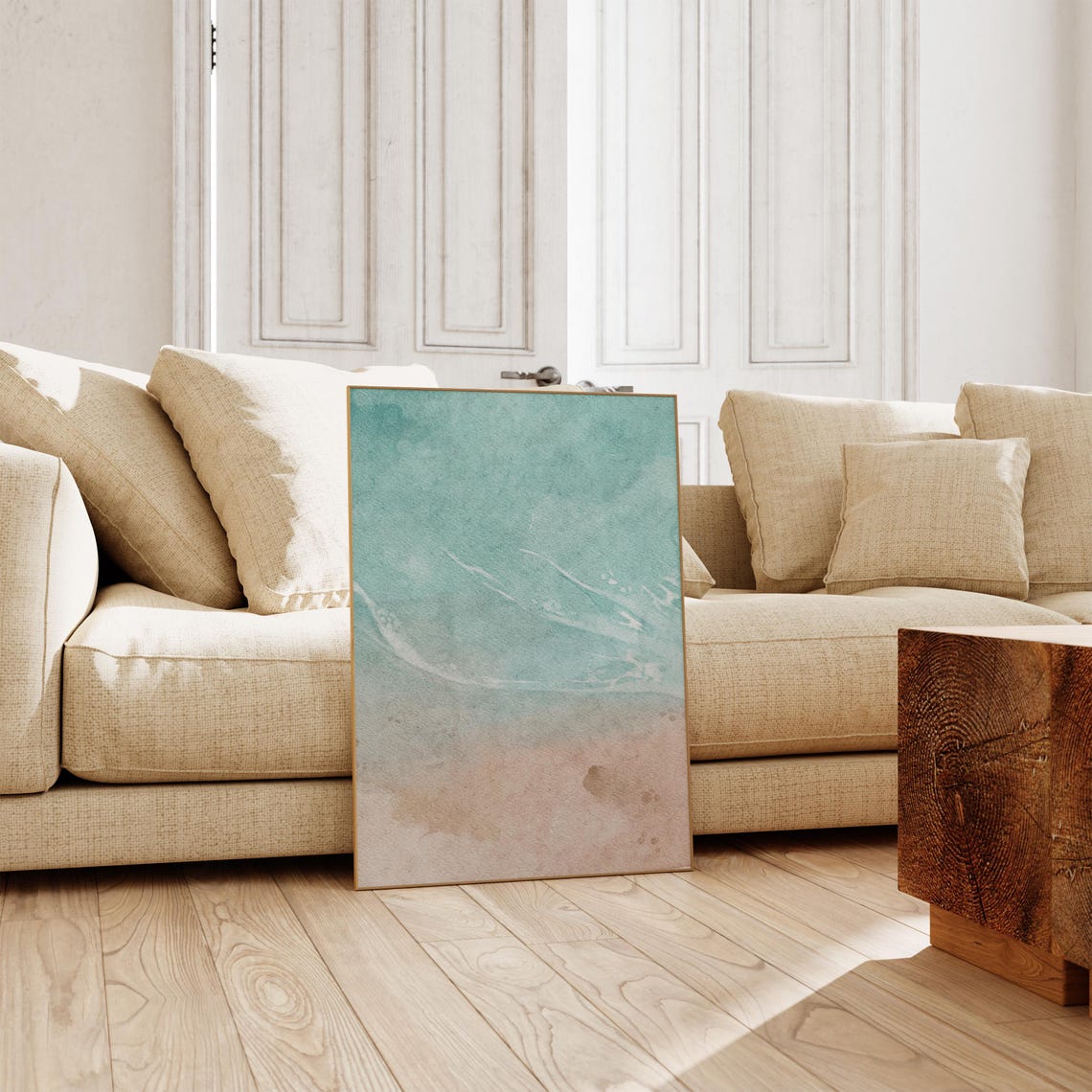 Aerial Turquoise Ocean Waves And Sandy Shore Coastal Watercolor Poster - Image 2