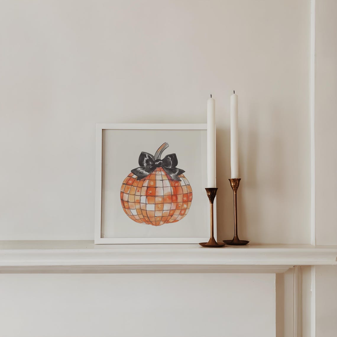 Disco Ball Checkered Pumpkin with Black Bow Halloween Art Poster - Image 4