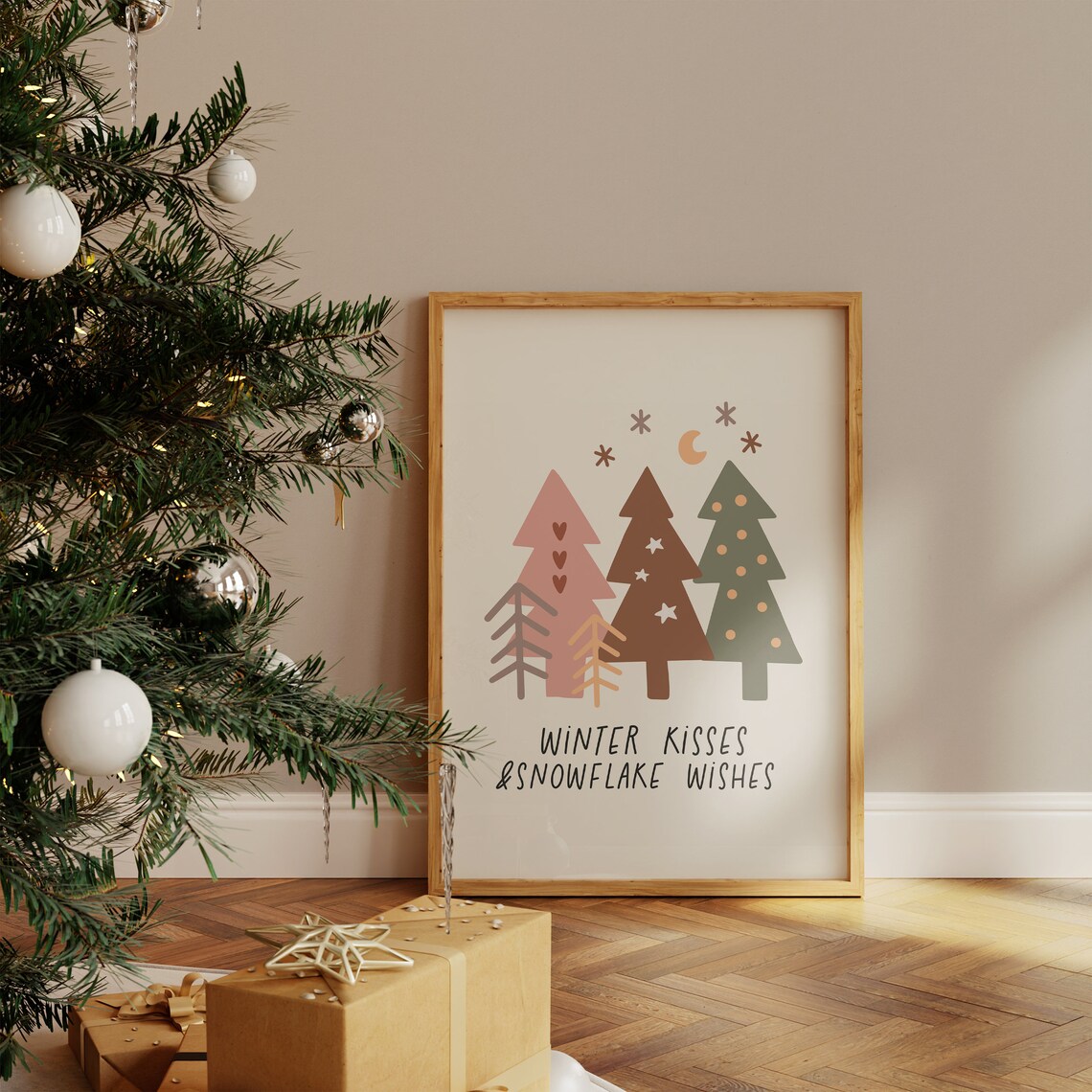 Winter Kisses And Snowflake Wishes Pastel Trees Christmas Poster - Image 4