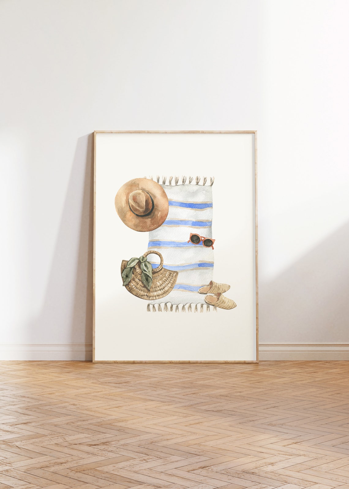 Striped Towel Straw Hat Beach Essentials Watercolor Coastal Poster - Image 2
