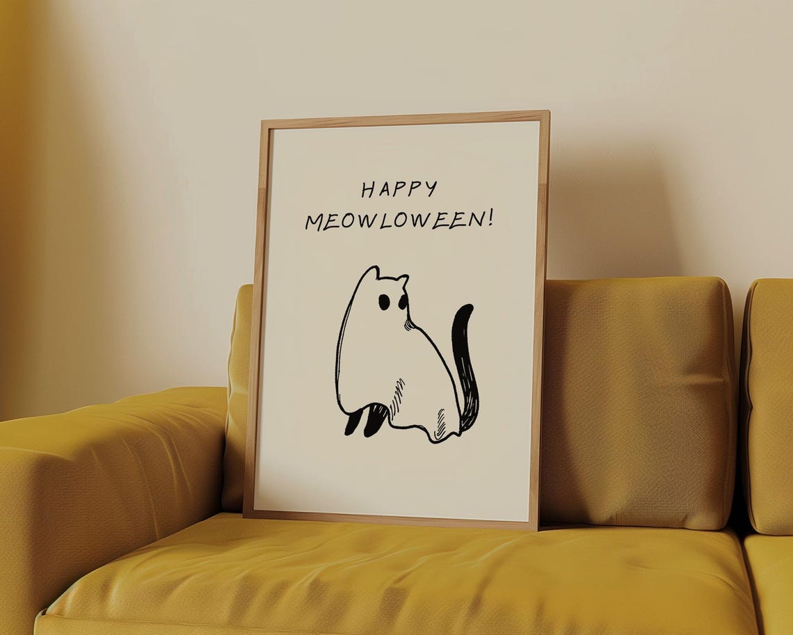 Happy Meowloween Ghost Cat Ink Sketch Cute Minimalist Halloween Poster - Image 4