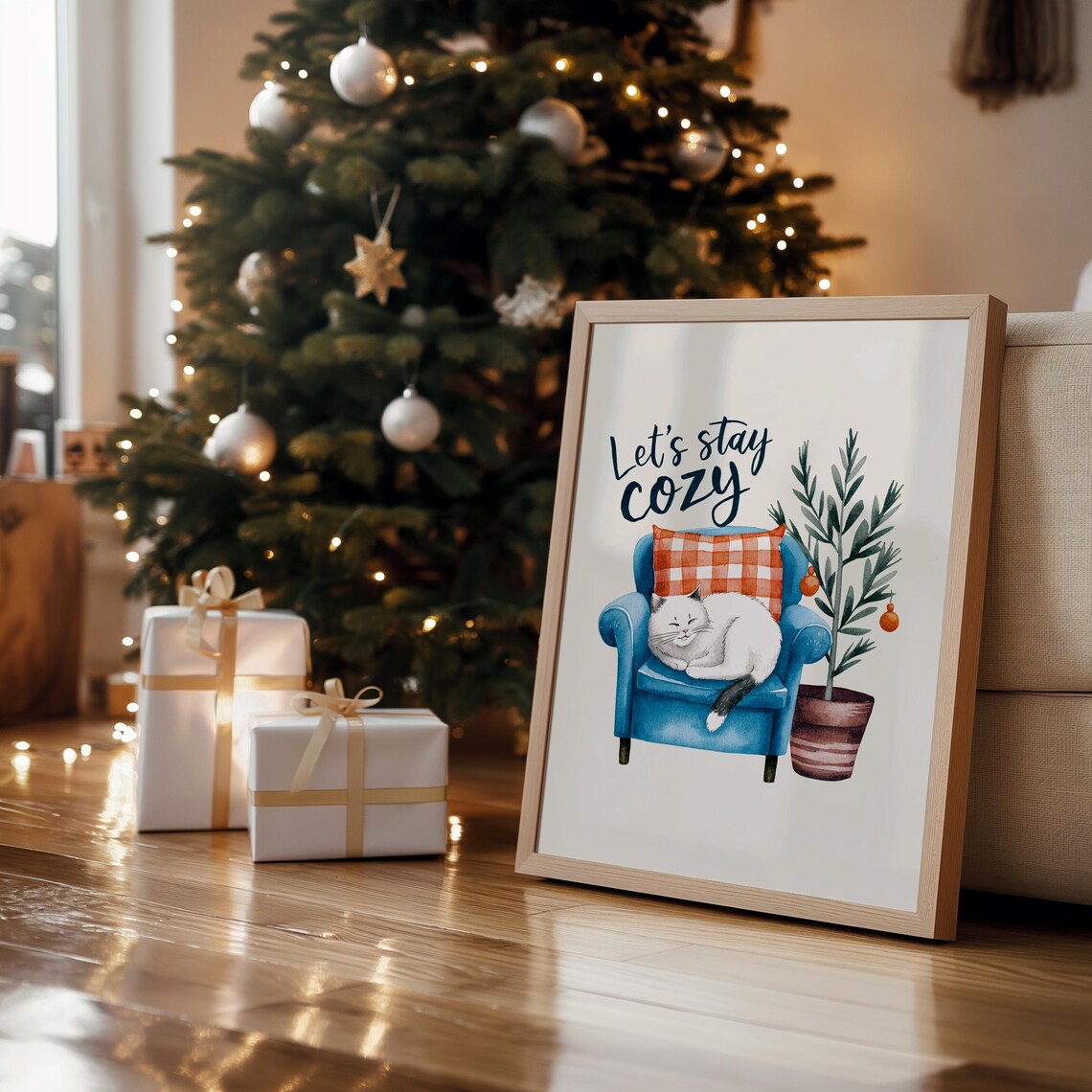 Let's Stay Cozy Sleepy Cat Armchair Winter Cute Animal Poster - Image 2