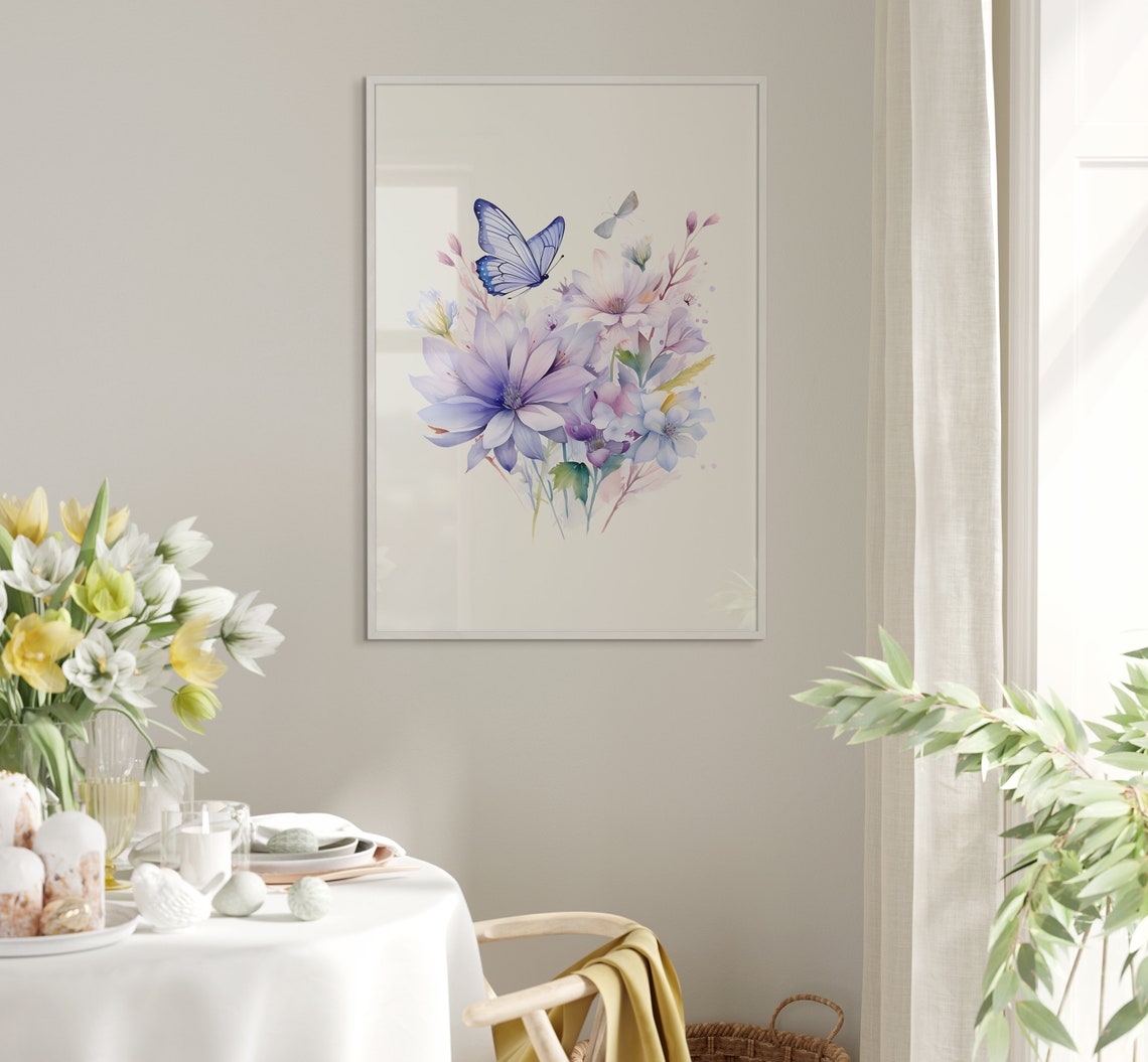 Soft Lavender Blossoms with Butterflies Watercolor Botanical Poster - Image 5