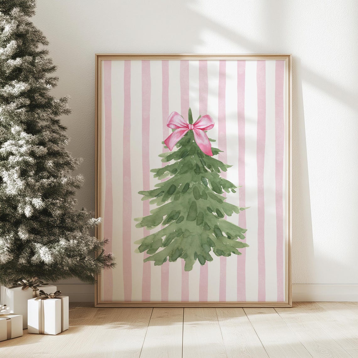 Coquette Pink Christmas Tree Watercolor Poster with Pink Bow - Image 3