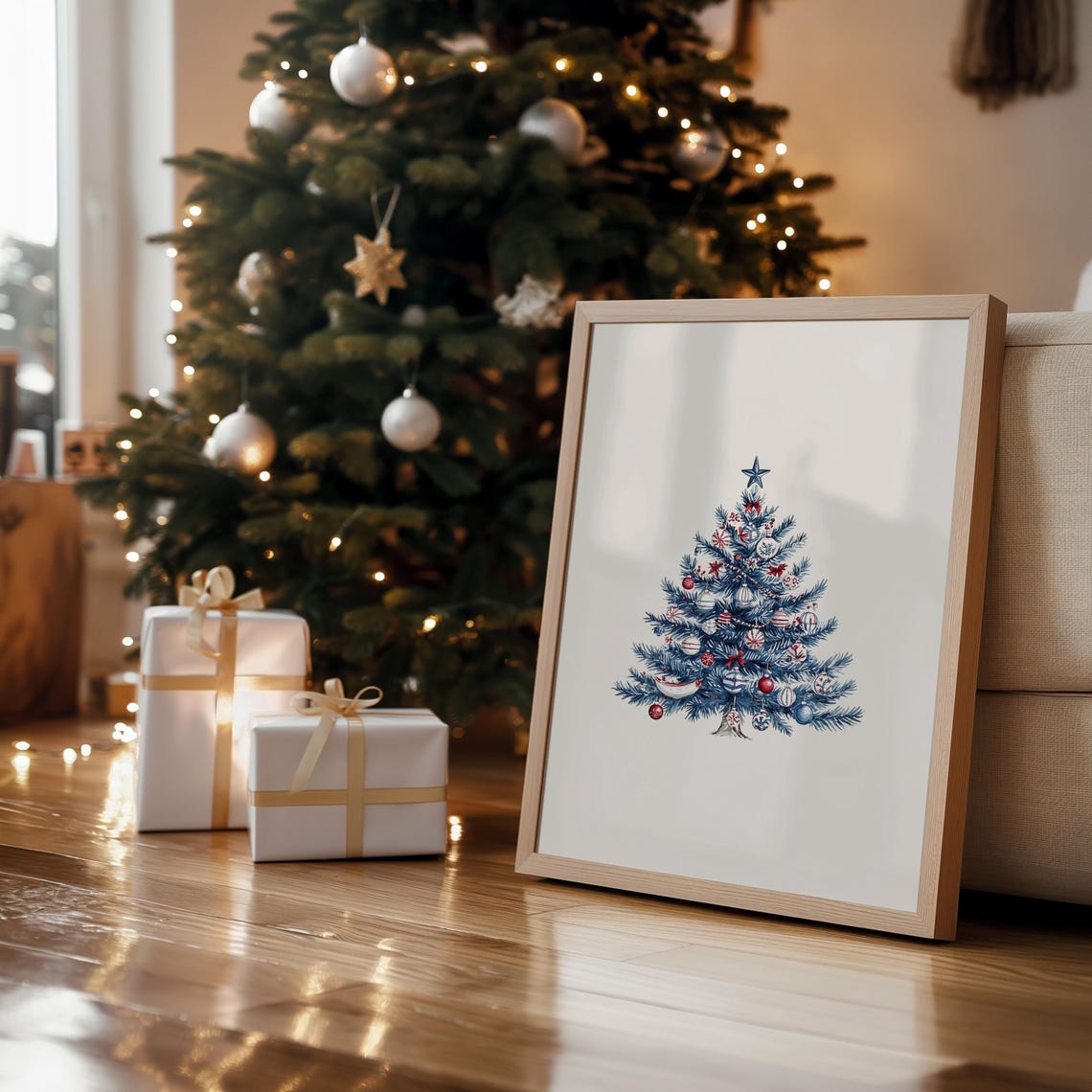 Nautical Christmas Tree Watercolor Blue Coastal Holiday Decor Poster - Image 2