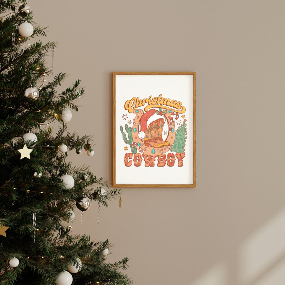 Christmas Cowboy Western Boot Horseshoe Cactus Retro Quote Poster - Image 2