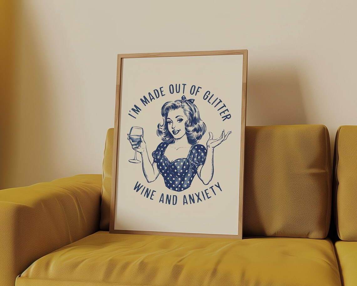 I'm Made Out Of Glitter Wine and Anxiety Retro Wine Woman Navy Poster - Image 3