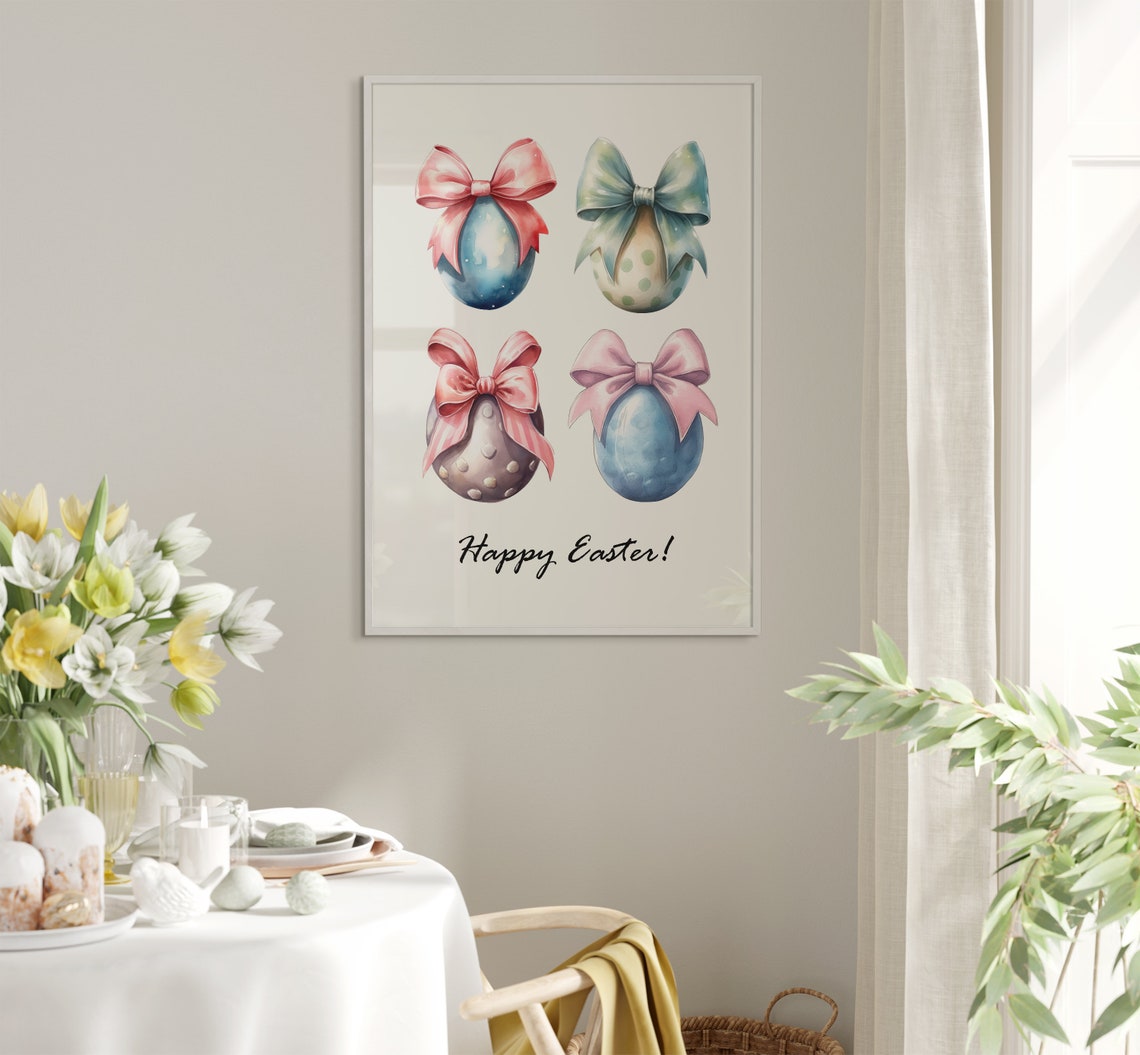 Happy Easter Watercolor Eggs With Satin Bows Coquette Poster - Image 5
