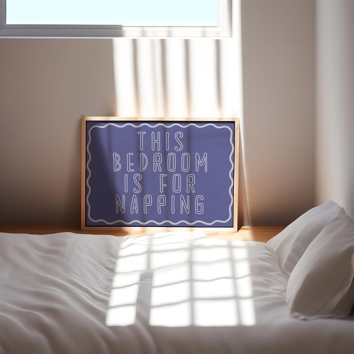 This Bedroom Is For Napping Deep Blue Wavy Frame Nightstand Poster