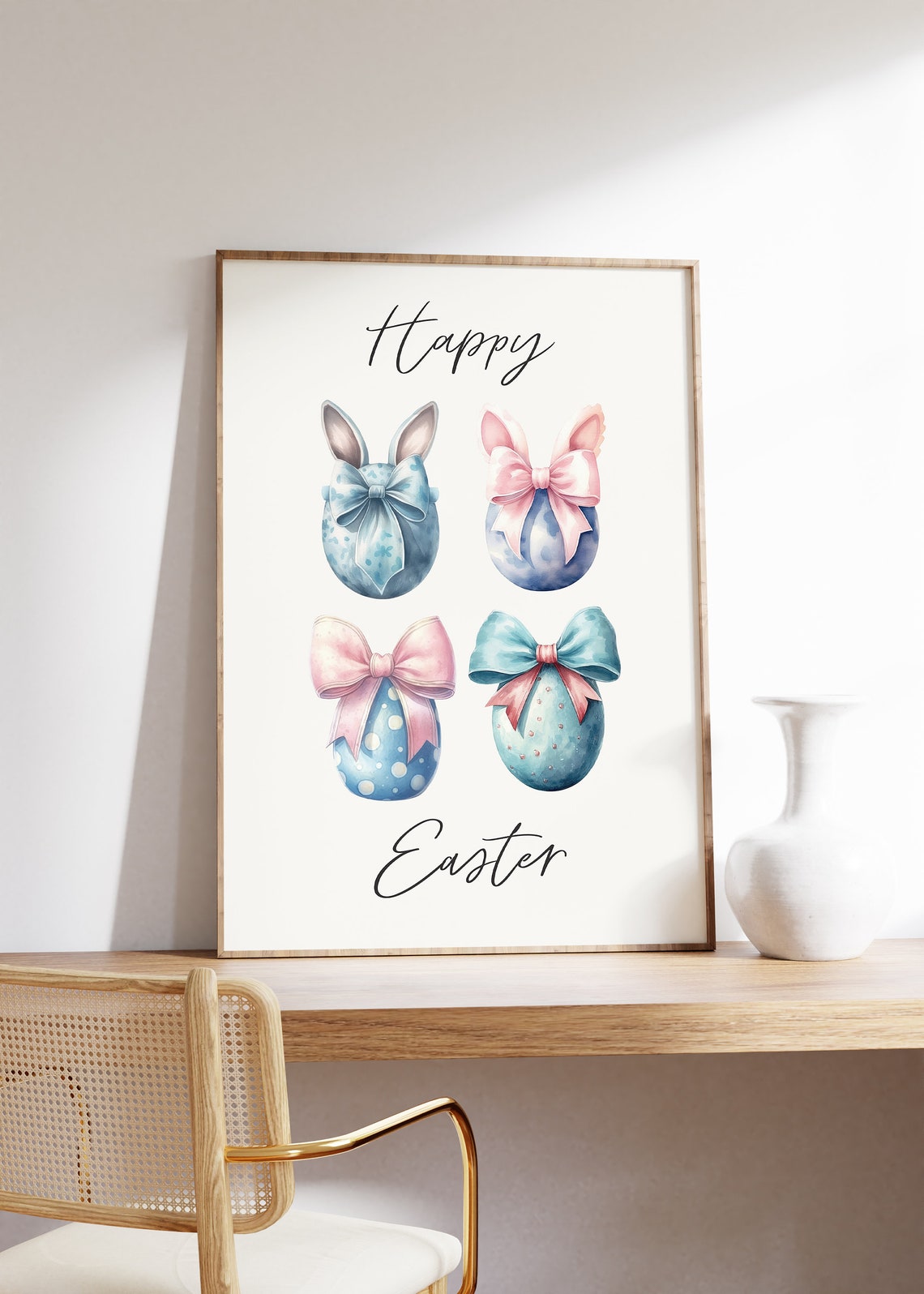 Happy Easter Bunny Ear Eggs with Pink Bows Watercolor Poster - Image 4