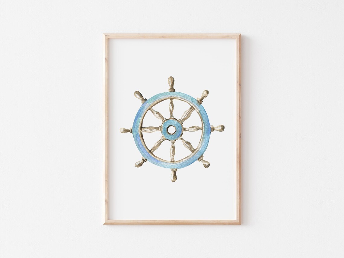Wooden Ship Wheel Blue Rim Soft Watercolor Classic Nautical Decor Poster - Image 4
