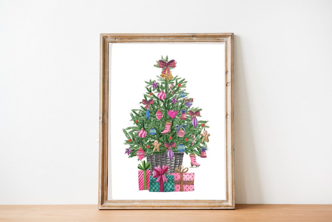 Pink Christmas Tree Watercolor With Gifts Preppy Holiday Wall Art - Image 3