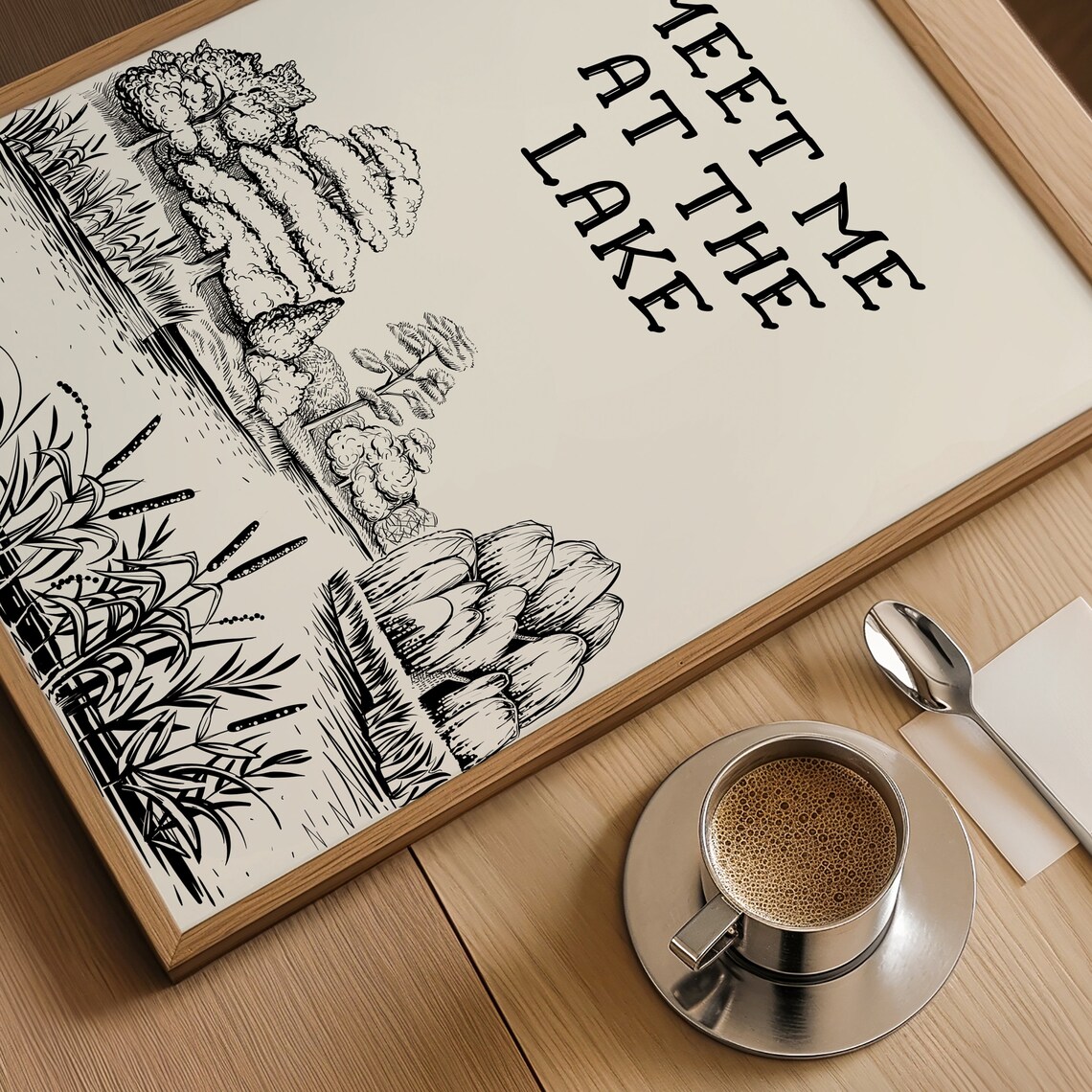 Meet Me At The Lake Vintage Line Art Trees Lake House Cabin Poster - Image 4